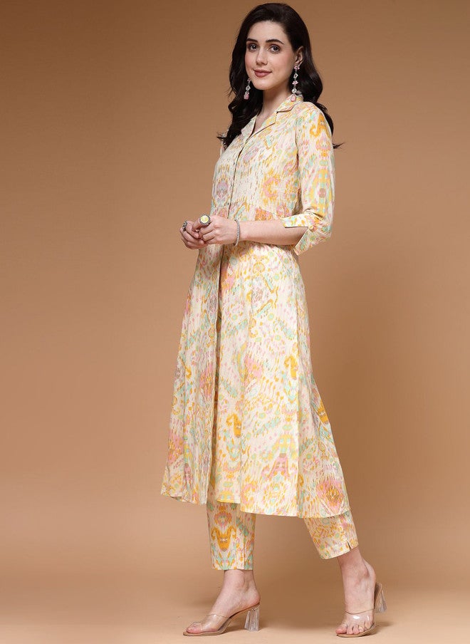 Indibelle Abstract Printed Cuban Collar A-Line Cotton Kurta - Image 5