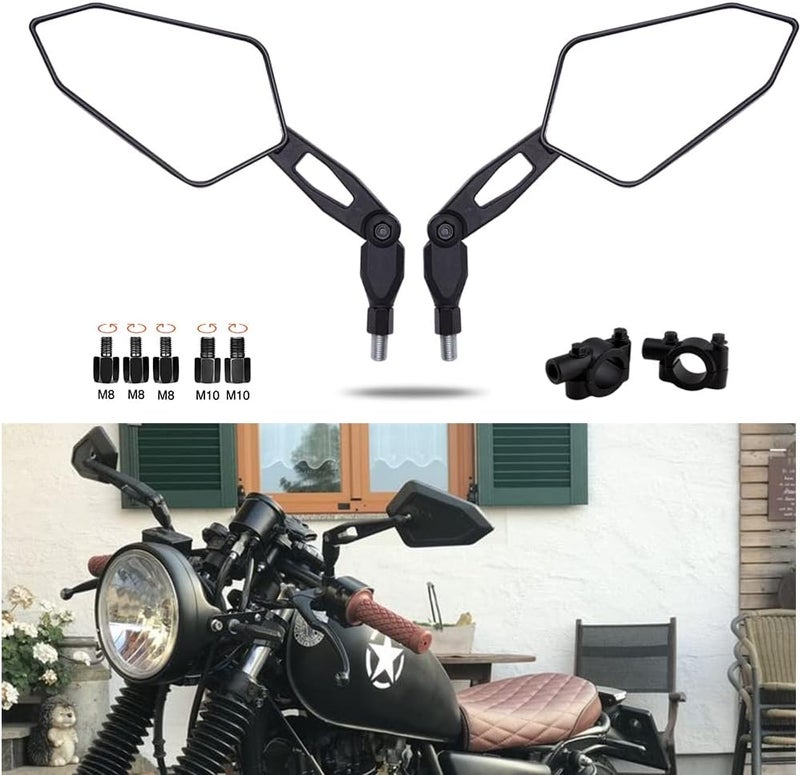 DREAMIZER Black 8mm 10mm Motorcycle Rear View Mirrors with Clamp Mount - Image 1