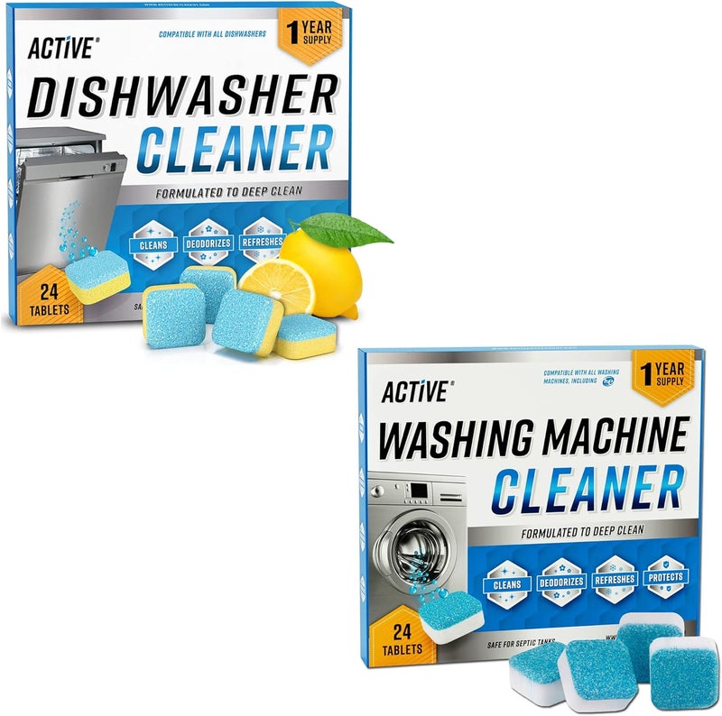 Active Washing Machine And Dishwasher Cleaning Tablets Bundle - Includes 12 Month Supply Dishwasher Cleaner Deodorizer & Washing Machine Descaler Deep Cleaning Tablets - 48 Tablet Set - Image 1