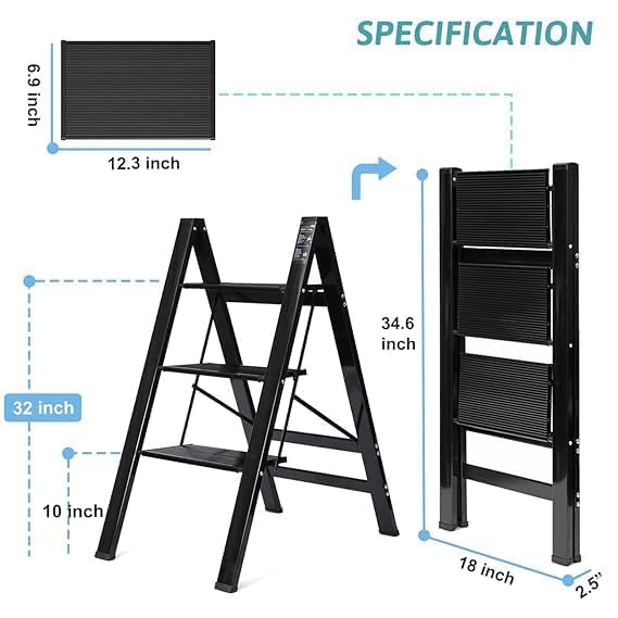 Achyut 3 Step Ladder Folding Step Stool with AntiSlip Pedal Aluminum Portable Kitchen Ladder Suitable for Household Office 150Kg Capacity - Image 2