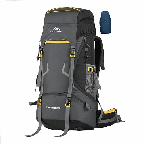 TRAWOC DYNAMITE 65L Travel Backpack for Hiking Trekking Bag Camping Rucksack for Men & Women with Rain Cover/Shoe Compartment MHK002, 3 Year Warranty, Grey - Image 1
