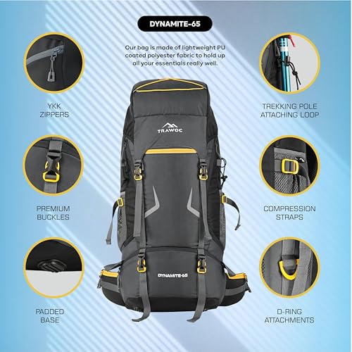 TRAWOC DYNAMITE 65L Travel Backpack for Hiking Trekking Bag Camping Rucksack for Men & Women with Rain Cover/Shoe Compartment MHK002, 3 Year Warranty, Grey - Image 2