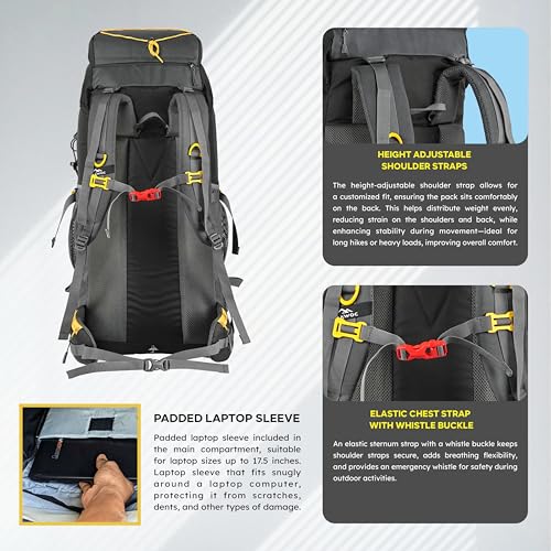 TRAWOC DYNAMITE 65L Travel Backpack for Hiking Trekking Bag Camping Rucksack for Men & Women with Rain Cover/Shoe Compartment MHK002, 3 Year Warranty, Grey - Image 3