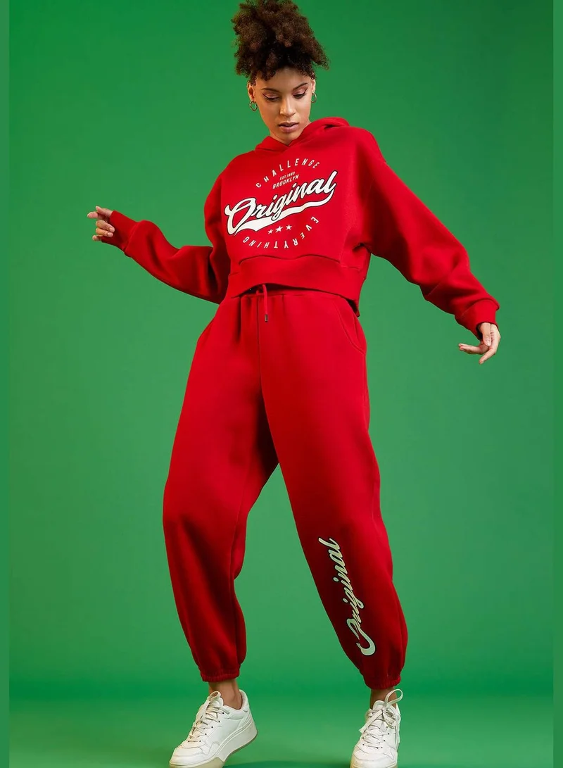DeFacto Tie Waist Shirred Text Print Sweatpants