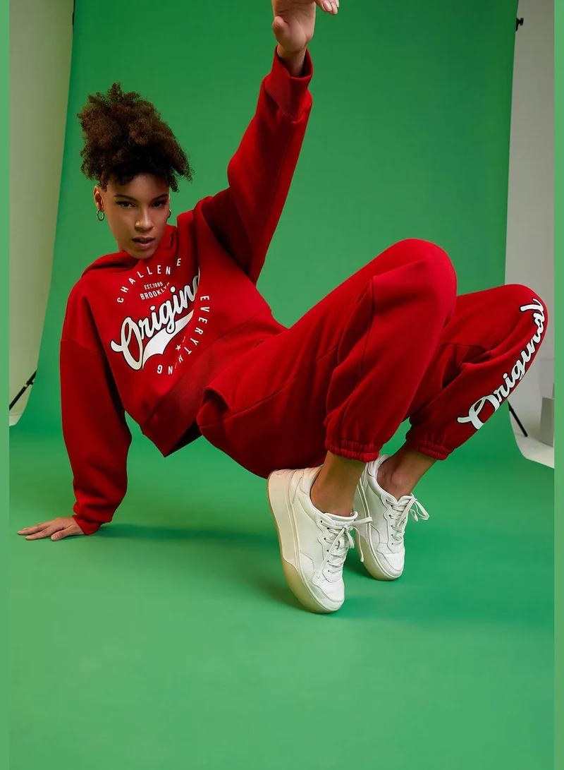 DeFacto Tie Waist Shirred Text Print Sweatpants