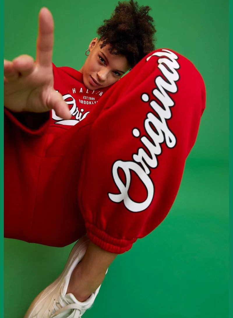 DeFacto Tie Waist Shirred Text Print Sweatpants