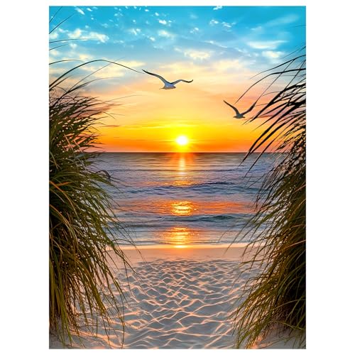 NPCSWXQ Sunset on the Beach Diamond Art Kits for Adults, Seaside Reeds 5D Diamond Dots Kits for Adults Beginners, DIY Full Drill Paint Art Kits for Home Wall Bedroom or Office Decor Gift 12x16Inch - Image 1