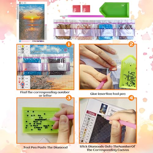 NPCSWXQ Sunset on the Beach Diamond Art Kits for Adults, Seaside Reeds 5D Diamond Dots Kits for Adults Beginners, DIY Full Drill Paint Art Kits for Home Wall Bedroom or Office Decor Gift 12x16Inch - Image 3