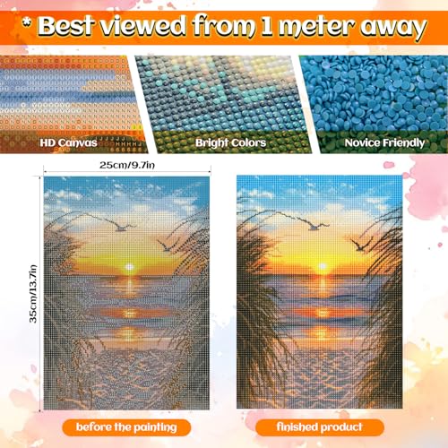 NPCSWXQ Sunset on the Beach Diamond Art Kits for Adults, Seaside Reeds 5D Diamond Dots Kits for Adults Beginners, DIY Full Drill Paint Art Kits for Home Wall Bedroom or Office Decor Gift 12x16Inch - Image 2