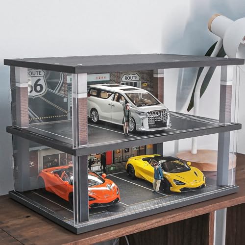 kivcmds 1:24 Scale Car Model Display Case with Parking Lot Scene for Car Model Toys and Lego, Display Stand for Alloy Car Model Toys with Light and Dust Cover (Coffee Bar Parking Lot) - Image 3