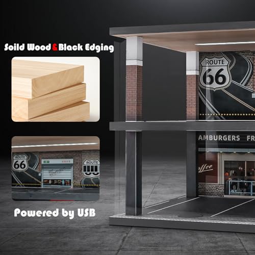 kivcmds 1:24 Scale Car Model Display Case with Parking Lot Scene for Car Model Toys and Lego, Display Stand for Alloy Car Model Toys with Light and Dust Cover (Coffee Bar Parking Lot) - Image 4