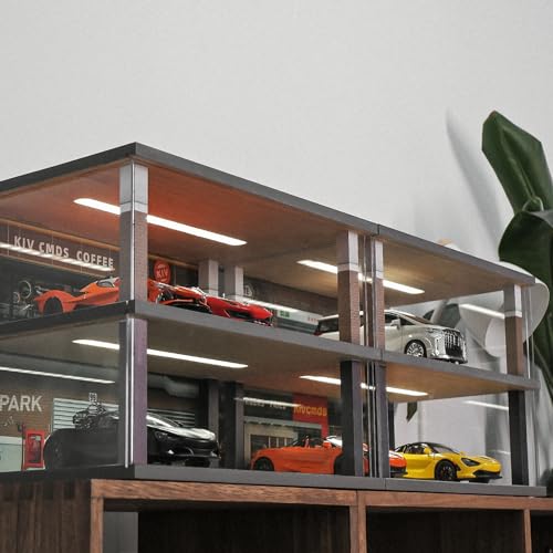 kivcmds 1:24 Scale Car Model Display Case with Parking Lot Scene for Car Model Toys and Lego, Display Stand for Alloy Car Model Toys with Light and Dust Cover (Coffee Bar Parking Lot) - Image 2