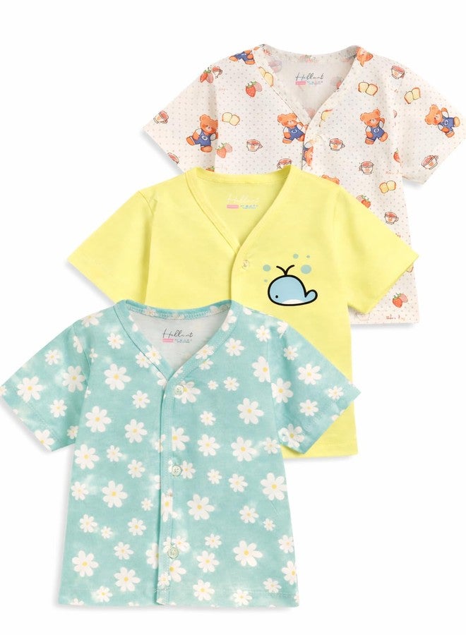 HELLCAT 100% Cotton Front Open Jhabla Vest & T Shirt for Babies - Pack of 1 (Unisex, 0-18 Months, Short Sleeve)_Sea Green/Yellow/Beige_0-6 Month - Image 1