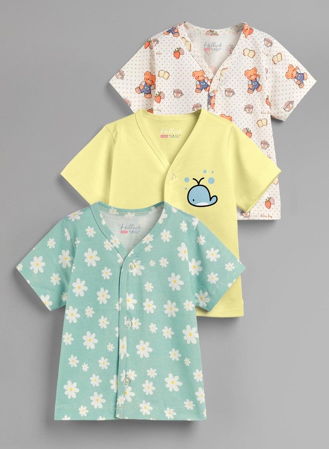 HELLCAT 100% Cotton Front Open Jhabla Vest & T Shirt for Babies - Pack of 1 (Unisex, 0-18 Months, Short Sleeve)_Sea Green/Yellow/Beige_0-6 Month - Image 2