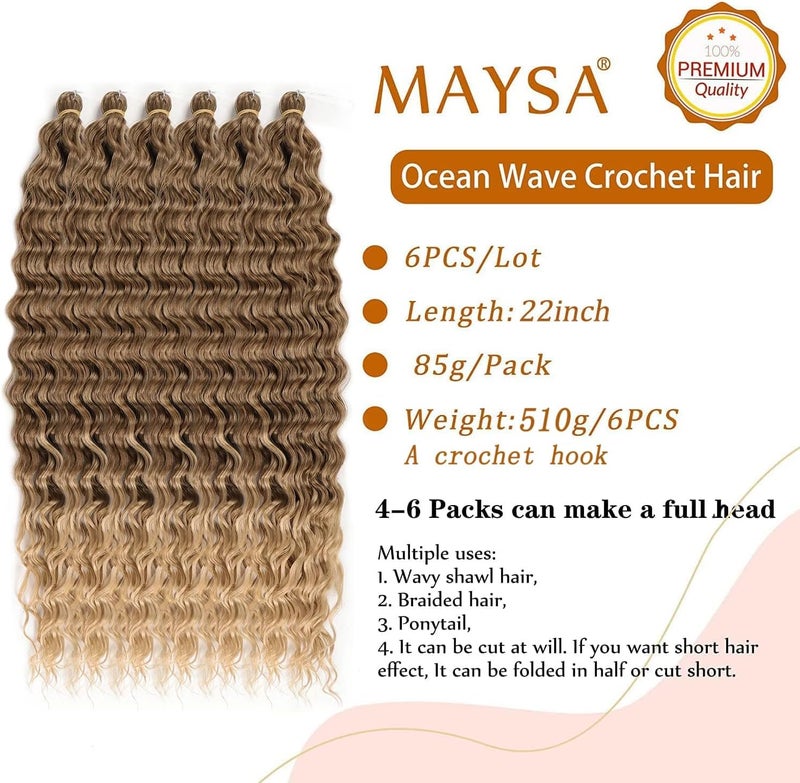 MAYSA Ocean Wave Crochet Hair Extensions, Curly Braiding Crochet Hair, Soft Synthetic Crochet Hair Extensions 22inch 6Packs #T8/24 Brown mix Blonde - Image 2
