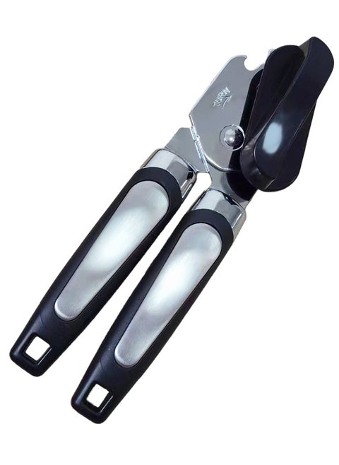 Manual Can Opener, Rectangular Edge, Built-In Bottle Opener, Heavy Duty Stainless Steel, Professional Handheld Multi Opener, Anti Slip Grip, Large Turn Knob, Black