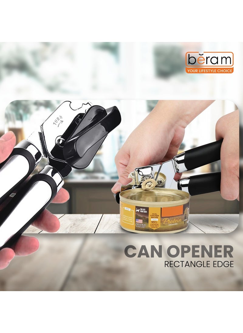 Manual Can Opener, Rectangular Edge, Built-In Bottle Opener, Heavy Duty Stainless Steel, Professional Handheld Multi Opener, Anti Slip Grip, Large Turn Knob, Black