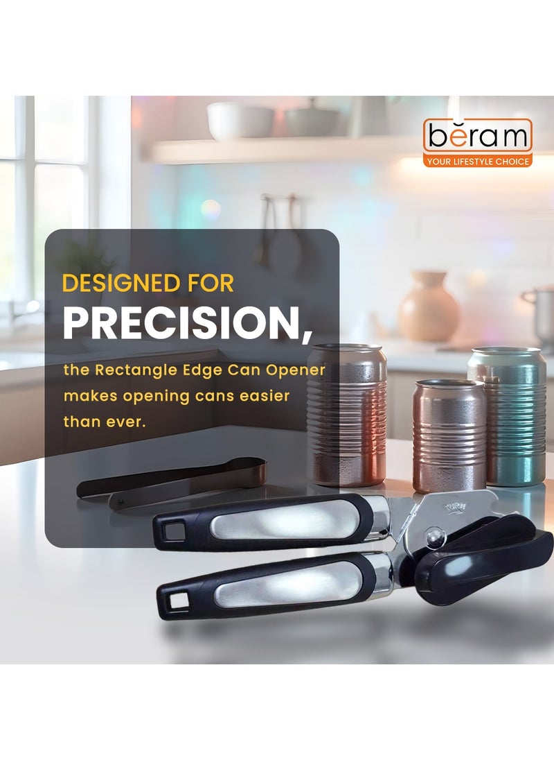 Manual Can Opener, Rectangular Edge, Built-In Bottle Opener, Heavy Duty Stainless Steel, Professional Handheld Multi Opener, Anti Slip Grip, Large Turn Knob, Black