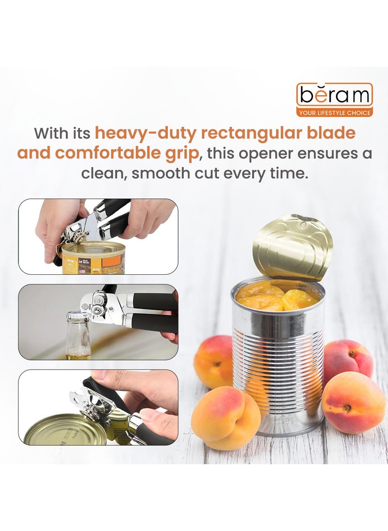 Manual Can Opener, Rectangular Edge, Built-In Bottle Opener, Heavy Duty Stainless Steel, Professional Handheld Multi Opener, Anti Slip Grip, Large Turn Knob, Black
