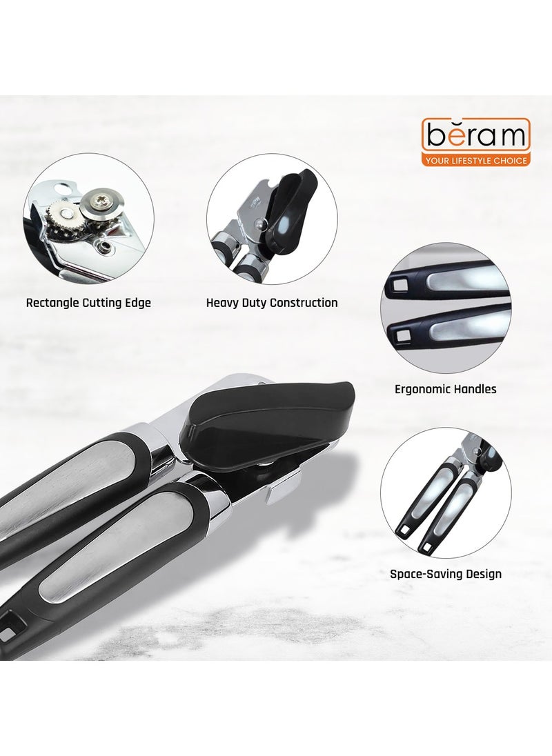 Manual Can Opener, Rectangular Edge, Built-In Bottle Opener, Heavy Duty Stainless Steel, Professional Handheld Multi Opener, Anti Slip Grip, Large Turn Knob, Black