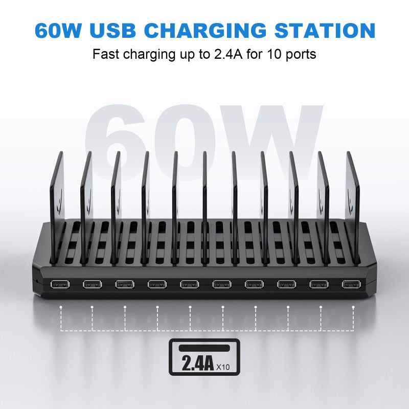 Cinlinso محطة شحن لأجهزة متعددة، محطة شحن سريعة USB 10 منافذ 60 واط من سينلينسو مع فواصل قابلة للتعديل، متوافقة مع آيفون، آيباد، الأجهزة اللوحية والهواتف المحمولة (أسود) - Image 2