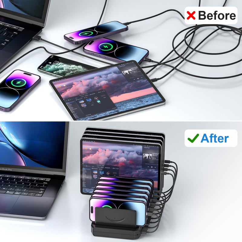 Cinlinso محطة شحن لأجهزة متعددة، محطة شحن سريعة USB 10 منافذ 60 واط من سينلينسو مع فواصل قابلة للتعديل، متوافقة مع آيفون، آيباد، الأجهزة اللوحية والهواتف المحمولة (أسود) - Image 4