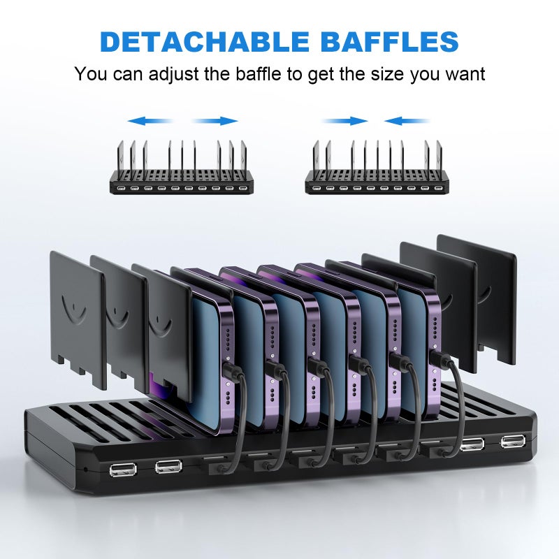 Cinlinso محطة شحن لأجهزة متعددة، محطة شحن سريعة USB 10 منافذ 60 واط من سينلينسو مع فواصل قابلة للتعديل، متوافقة مع آيفون، آيباد، الأجهزة اللوحية والهواتف المحمولة (أسود) - Image 5