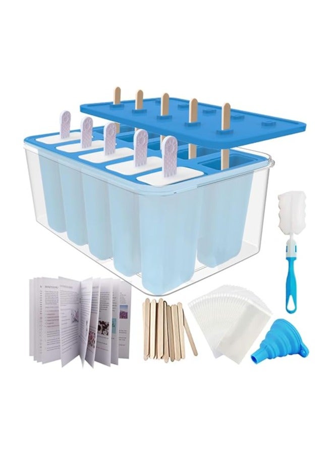 Homemade Popsicle Molds Shapes, 10PCS Silicone Ice Pop Maker Non-BPA, with 50 Sticks, 50 Bags, 10 Reusable Sticks, Funnel, Brush and Ice Pop Recipes