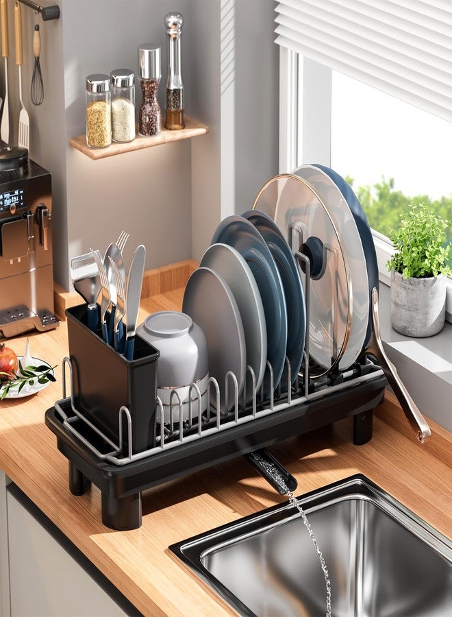 SanDream Small Dish Drying Rack, Compact Dish Rack for Kitchen Counter with Removable Cutlery Holder, 360°Rotating Spout, Multifunctional Stainless Steel Dish Drainer, Space Saving - Image 1