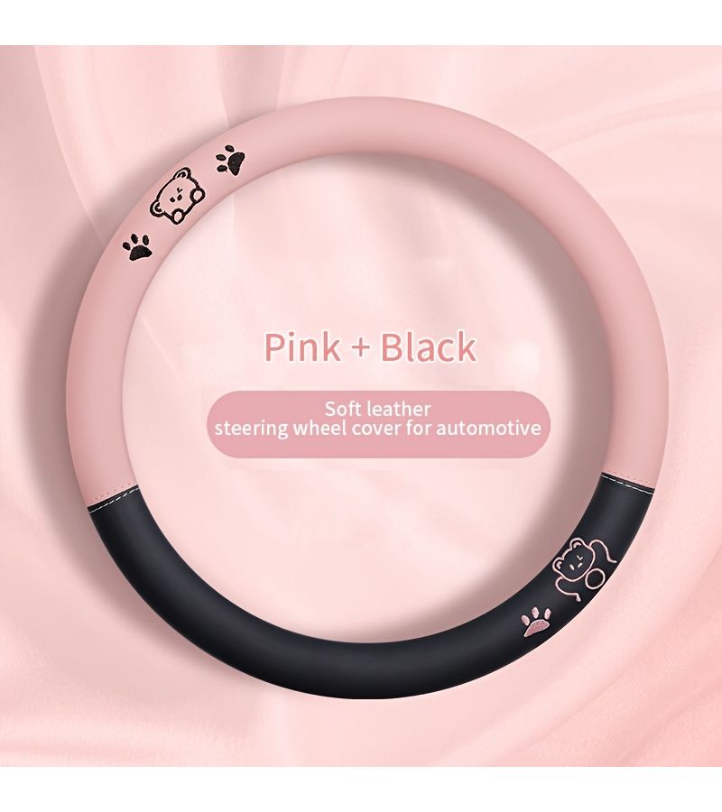 Papa Bear Four Seasons Black And Pink Plush Cartoon Bear Steering Wheel Cover Non Slip Comfortable Durable Leather Auto Accessory - Image 1