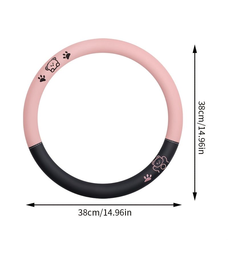 Papa Bear Four Seasons Black And Pink Plush Cartoon Bear Steering Wheel Cover Non Slip Comfortable Durable Leather Auto Accessory - Image 2