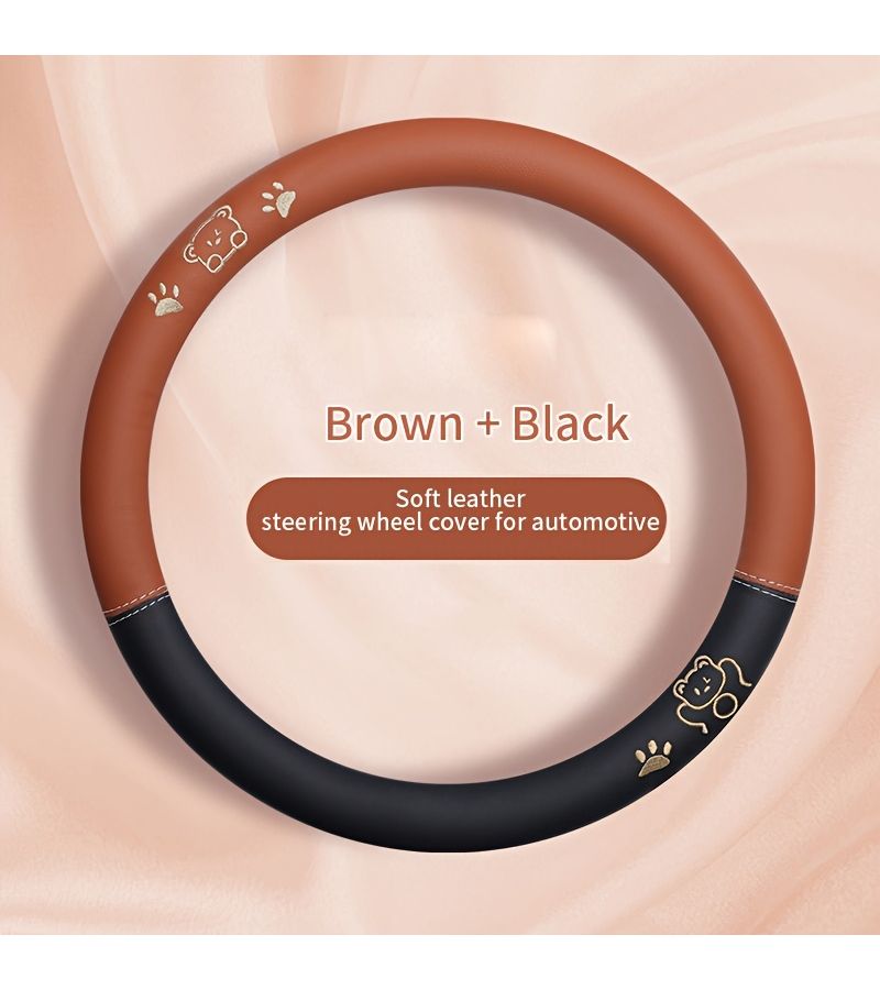Papa Bear Four Seasons Black And Pink Plush Cartoon Bear Steering Wheel Cover Non Slip Comfortable Durable Leather Auto Accessory - Image 3