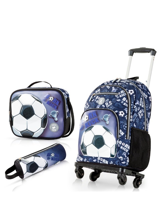 Eazy Kids 18" Set of 4 Backpack w/ 4 Wheel Trolley, Lunch Bag and Pencil Case - Football - Image 1
