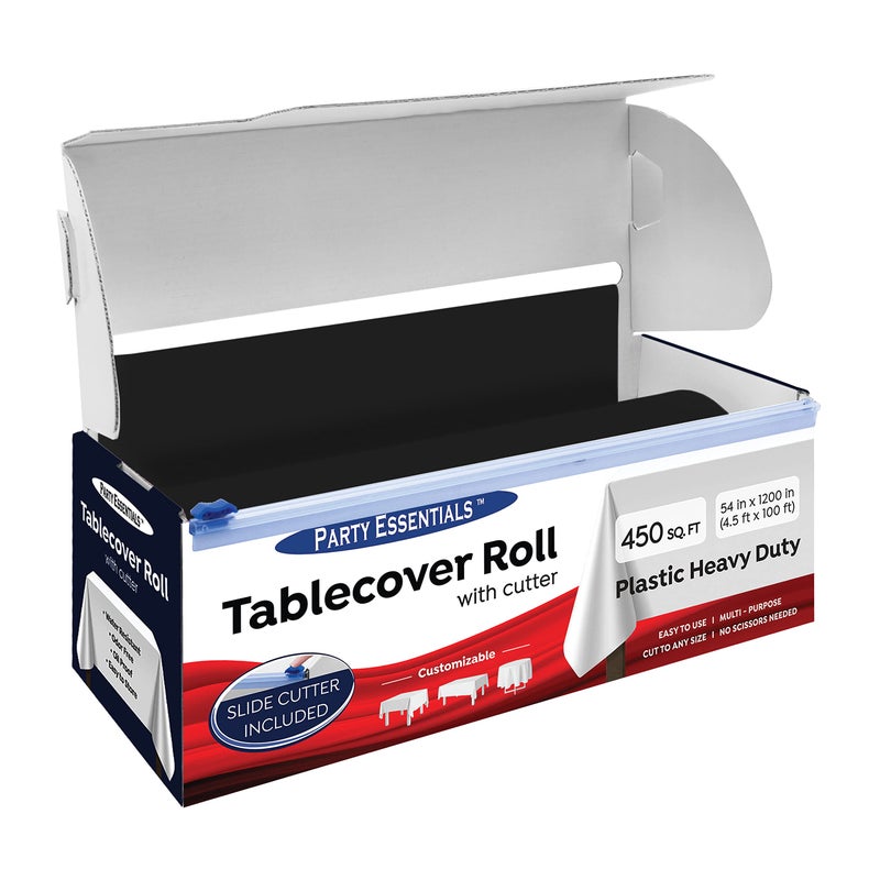 Party Essentials Heavy Duty Plastic Banquet Table Roll Available in 27 Colors 54 x 100 with Slide Cutter Black100BK