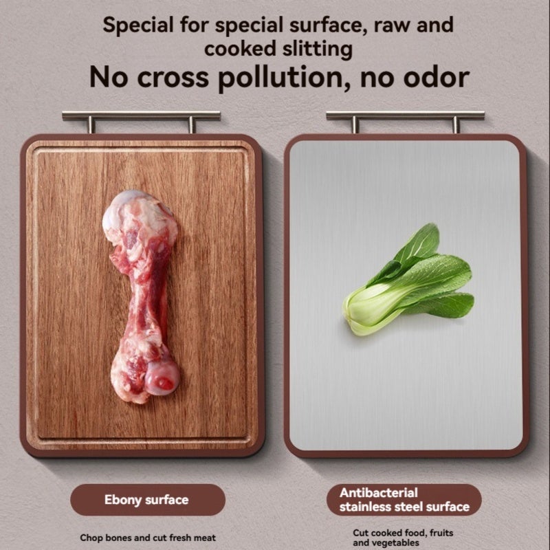Double-Sided Cutting Board 38*26cm 2.0cm Thick - Antibacterial Sanitary Design Solid Wood & Stainless Steel Board for Large Families Hygiene-Conscious Cooks Home Kitchen - Image 3
