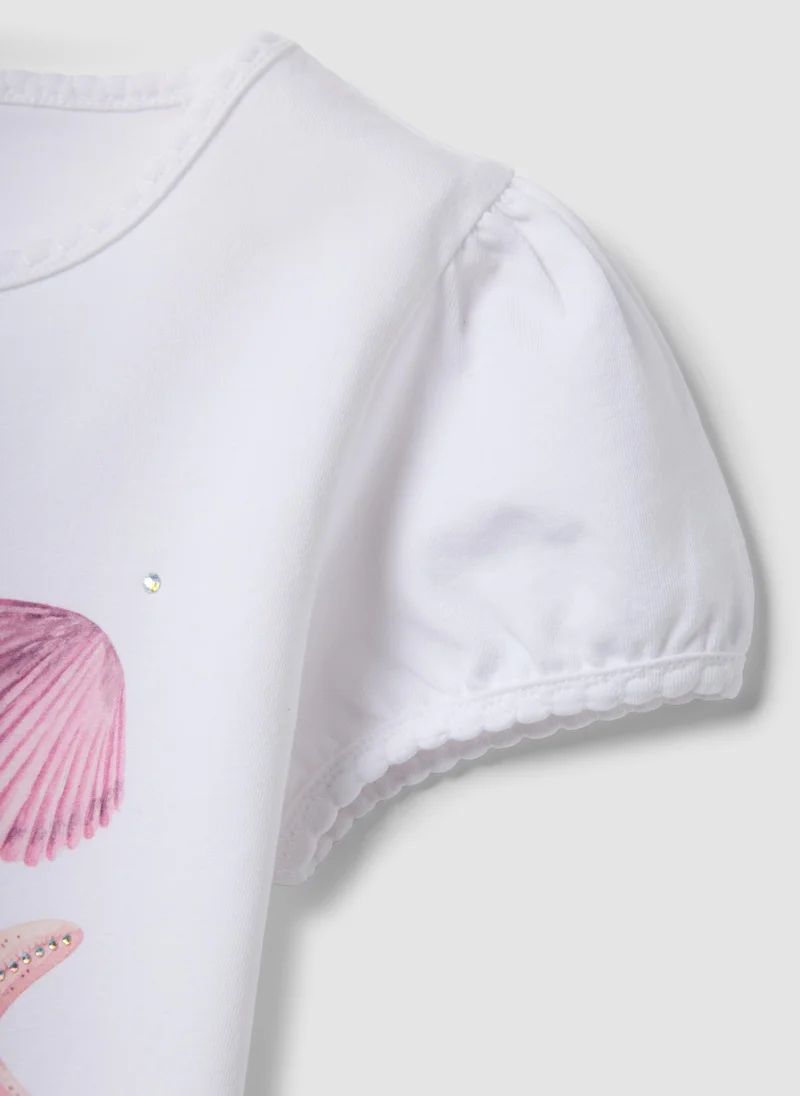 Ovs  OVS White Stretch Cotton T-Shirt With Seaside Print for Women | Best Price UAE