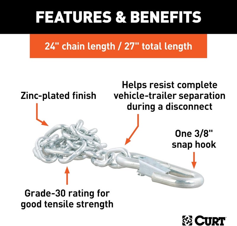 Curt 80312 27-Inch Trailer Safety Chain with 3/8-In Snap Hook, 2,000 lbs Break Strength - Image 3