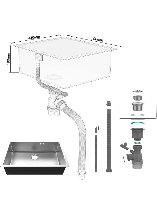 Ibergrif M87044 Kitchen Sink 70 x 44 cm, Under Countertop Sink with Drain Filter, Stainless Steel - Image 4