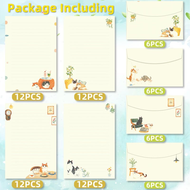 TEETOOKEA 72 Pieces Cute Cat Writing Paper and Envelopes, 8.3x5.6 Inch Stationery Set, 48 Lined Sheets & 24 Envelopes, Kitty Design for Letters, Invitations, Gifts, Holidays, Party Notes - Image 5