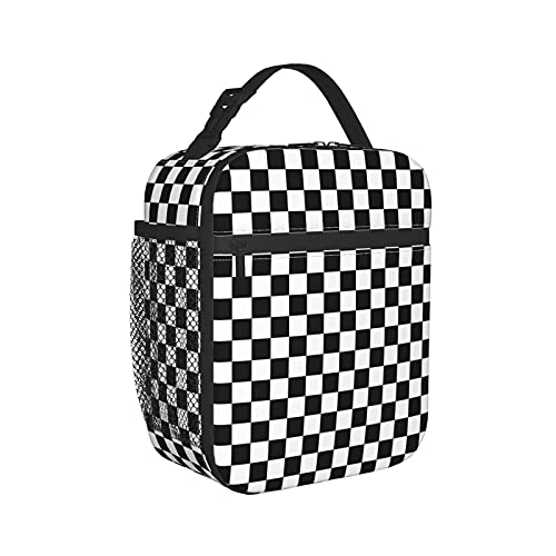 Groamaup Insulated Lunch Bag Black White Racing and Checkered Pattern Reusable Cooler Tote Lunch Bags for Office Travel - Image 1