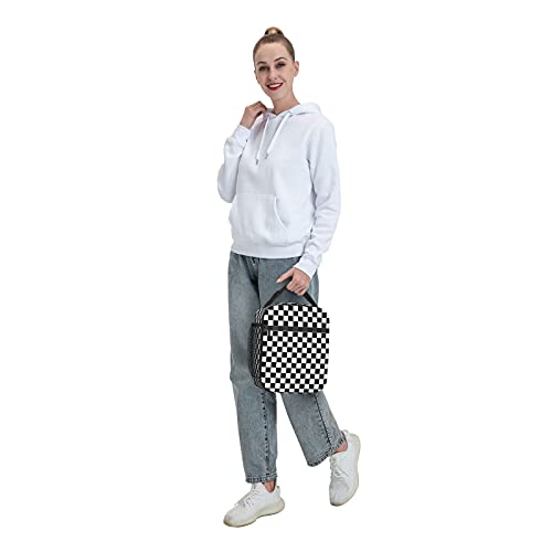 Groamaup Insulated Lunch Bag Black White Racing and Checkered Pattern Reusable Cooler Tote Lunch Bags for Office Travel - Image 5