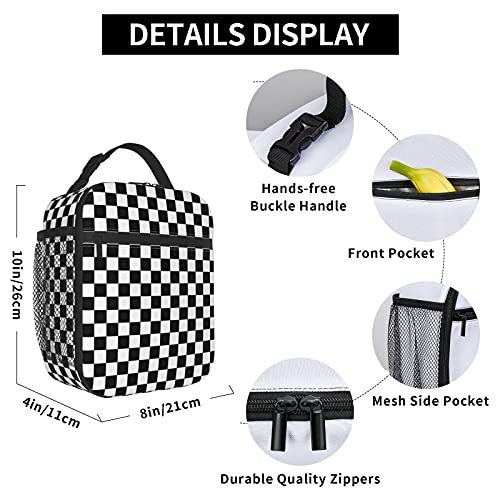 Groamaup Insulated Lunch Bag Black White Racing and Checkered Pattern Reusable Cooler Tote Lunch Bags for Office Travel - Image 4