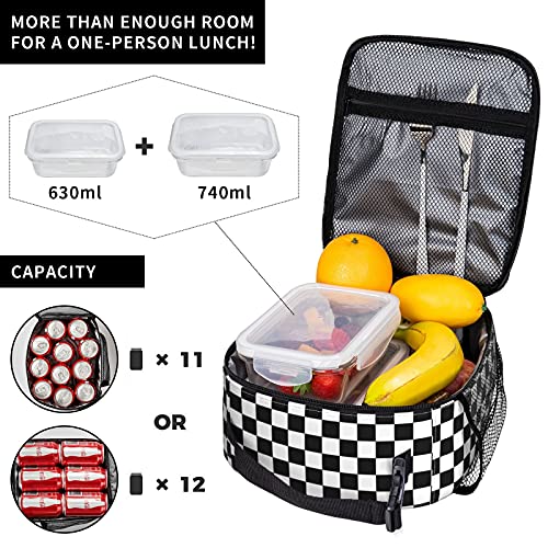 Groamaup Insulated Lunch Bag Black White Racing and Checkered Pattern Reusable Cooler Tote Lunch Bags for Office Travel - Image 3