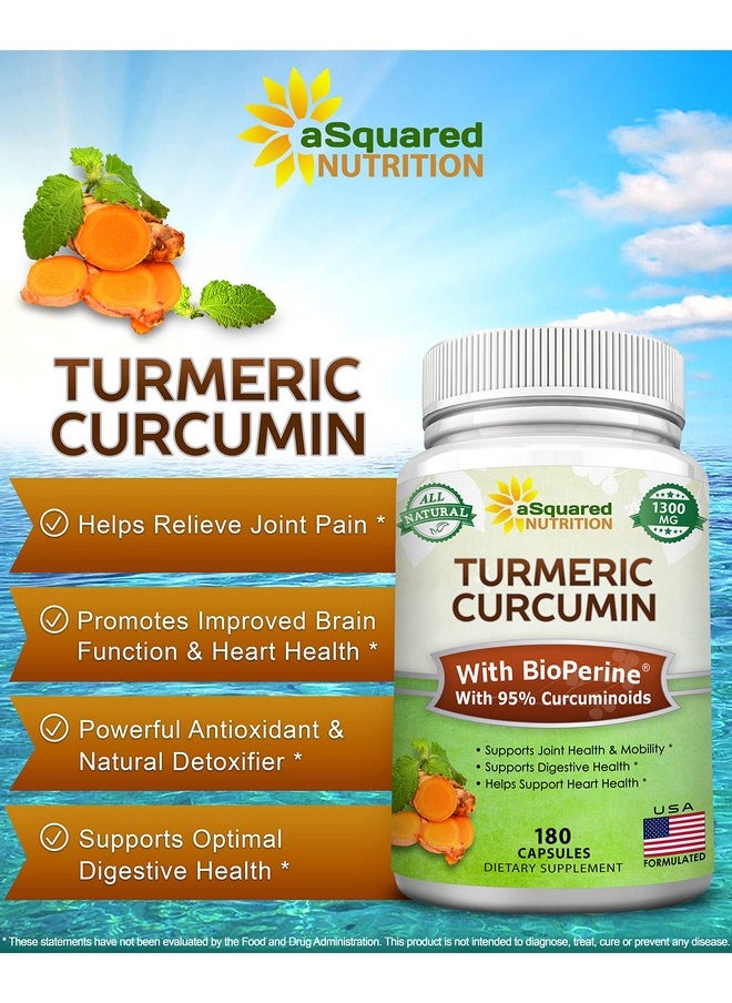 aSquared Nutrition - Turmeric Curcumin 1300Mg With Bioperine Black Pepper Extract 180 Capsules With 95% Curcuminoids 100% Natural Tumeric Root Powder Supplements Pure  Joint Stiffness Pills - Image 1