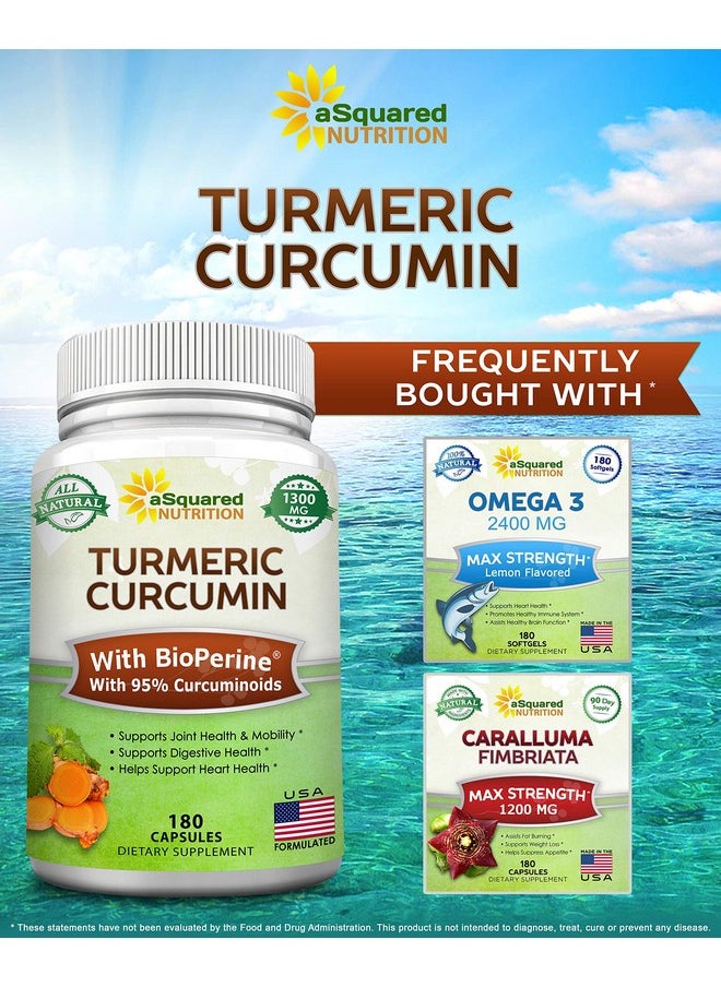 aSquared Nutrition - Turmeric Curcumin 1300Mg With Bioperine Black Pepper Extract 180 Capsules With 95% Curcuminoids 100% Natural Tumeric Root Powder Supplements Pure  Joint Stiffness Pills - Image 1