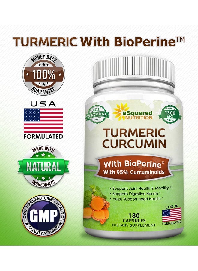 aSquared Nutrition - Turmeric Curcumin 1300Mg With Bioperine Black Pepper Extract 180 Capsules With 95% Curcuminoids 100% Natural Tumeric Root Powder Supplements Pure  Joint Stiffness Pills - Image 1
