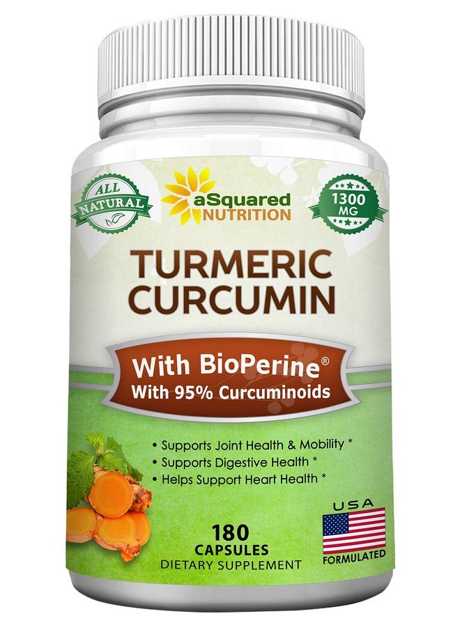 aSquared Nutrition - Turmeric Curcumin 1300Mg With Bioperine Black Pepper Extract 180 Capsules With 95% Curcuminoids 100% Natural Tumeric Root Powder Supplements Pure  Joint Stiffness Pills - Image 1
