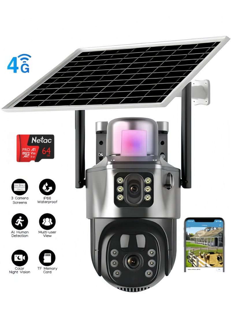 الباندا العملاقة كاميرا شمسية بدقة 4K و8 ميجابكسل، تدعم شريحة 4G، مزودة بخاصية PTZ، عدسة مزدوجة خارجية، خاصية الكشف عن الحركة بالأشعة تحت الحمراء، كاميرا أمان خارجية مقاومة للماء (مع بطاقة ذاكرة TF سعة 64 جيجابايت) - Image 1