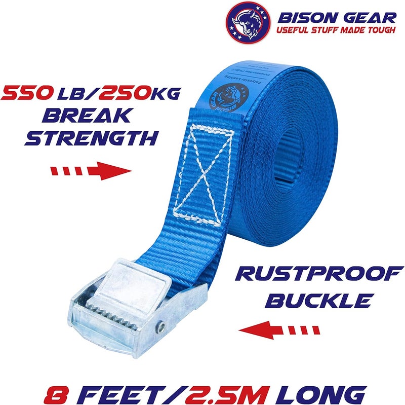 Bison Gear أحزمة الربط - أحزمة رف السقف للسيارة مقاومة للأشعة فوق البنفسجية، 8 أقدام 2.5 متر × 1 بوصة 25 مم، قوة كسر 550 رطلاً 250 كجم، أحزمة كام مع مشبك (عبوة من قطعتين، أزرق) - Image 2
