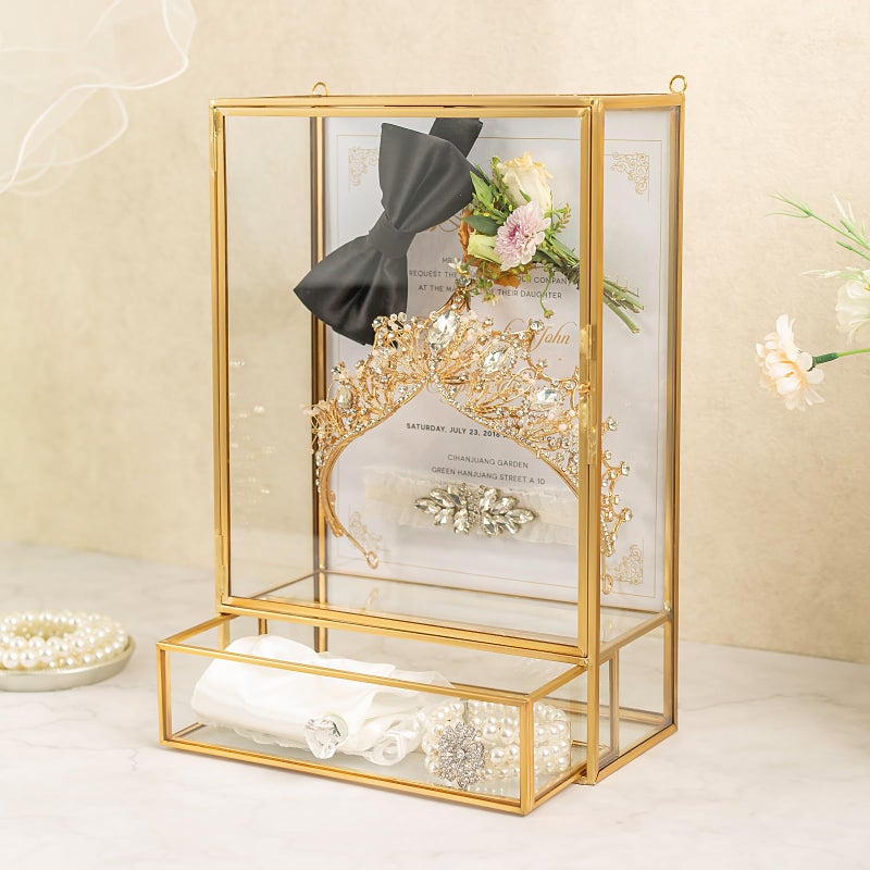 Jajamy Shadow Box Frame, 3.5" Deep Wedding Shadow Boxes Display Case with Drawer, Glass Gold Shadow Memory Box for Picture, Wedding Bouquet, Pet Memorial and Keepsakes - Image 4